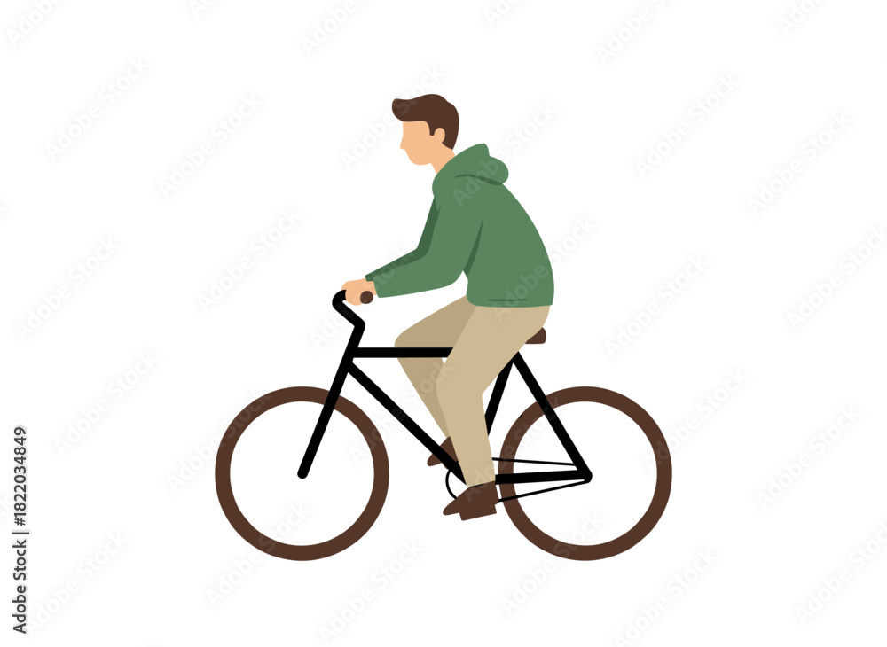 Naklejka premium A cheerful man cycling on a street bike in a flat vector illustration, smiling as he enjoys an eco-friendly urban ride, isolated on a white background
