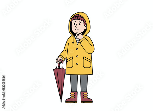 A smiling young man in a yellow raincoat and warm hat, holding an umbrella and a leaf, is depicted in a flat vector illustration, exuding an autumn mood as he enjoys the rainy weather