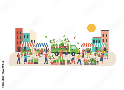 A vibrant outdoor flower market where cheerful little customers stroll between stalls, florists display bouquets and potted plants, and various floral shops thrive, depicted as a flat, colorful