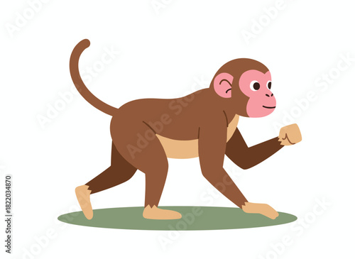 A side view of a brown‑haired marmoset or macaque, presented as an African monkey on a white background, standing on all four limbs in a colorful flat vector illustration