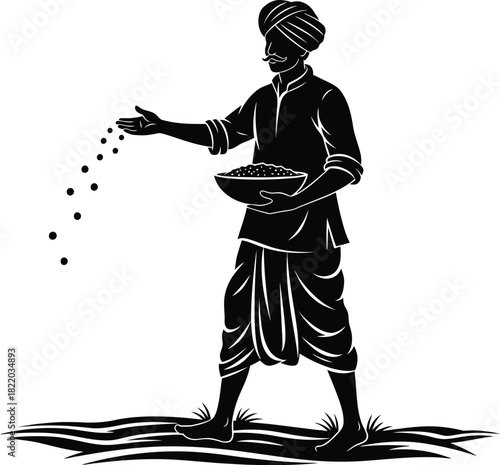 Traditional Farmer Sowing Seeds Silhouette Vector
