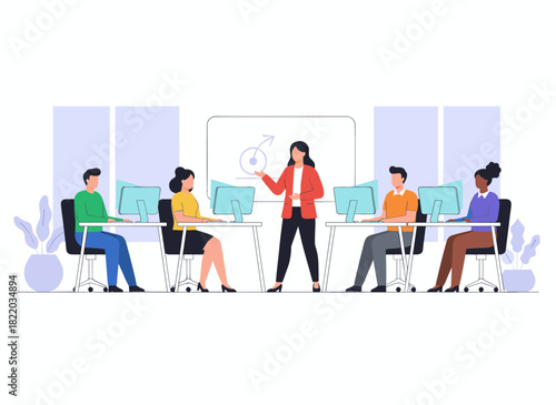 Office workers of both genders, dressed in smart clothes, are either seated at desks or standing while sipping coffee, illustrated as flat cartoon characters in a colorful style