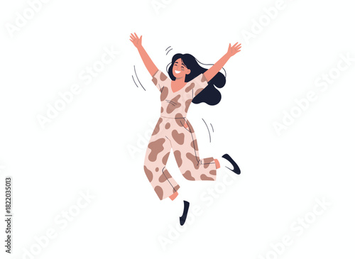 A joyful woman leaps with her arms raised, soaring through the air with an excited expression, smiling in a carefree, energetic pose, depicted as a flat vector illustration against a white background