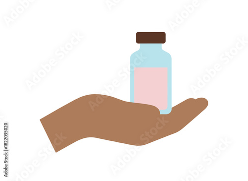 Holding a cosmetic bottle, the illustration showcases beauty product packaging, perfume, scent, fragrance, odour, and lotion, featuring a skincare container and treatment in a flat vector style on a