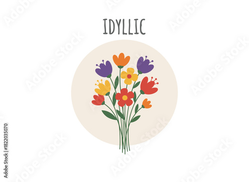 A floral card and poster design featuring summer nature, spring blossoms, a garden bouquet, delicate petals, and leaves on a vertical background, rendered as a botanical flat vector illustration