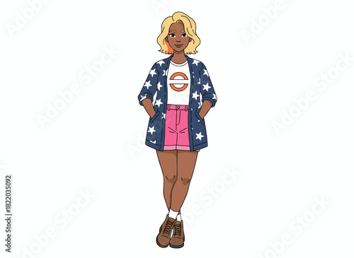 A young African‑American woman in trendy summer fashion poses in a modern style, her dyed hair adding flair, depicted as a flat vector illustration on a white background