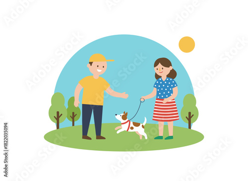 A professional dog walker from a pet walking service retrieves a dog from its owner, shown in a colored flat vector illustration against a white background