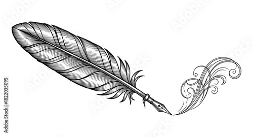 Elegant pen and feather with decorative swirls in black and white design