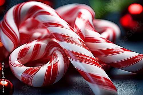 Festive Candy Canes and Red Ornaments on Dark Background