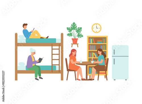 A flat cartoon illustration shows male and female students spending time in a college dormitory, sipping coffee, chatting, and studying for exams in a university residential area