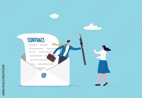 Remote recruitment, job offer email for accepted candidate, online employment technology or electronic contract signing, smart businessman from email envelope offer pen for candidate to sign contract