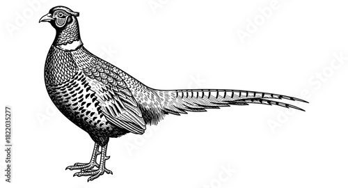 Intricate black and white pheasant design showcasing detailed feather patterns