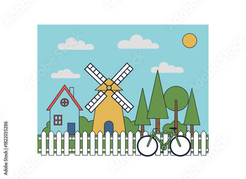 A vector illustration of a rural house and farm outline, featuring blue linear farmland set against a white background, with a building surrounded by a fence, a wind pump, and a bicycle in monocolor