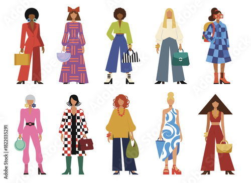 A collection of attractive young women in fashionable attire, featuring pretty girls in stylish outfits and accessories, depicted as female cartoon characters against a white background in an