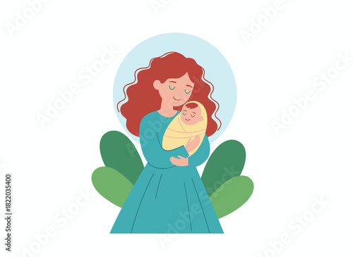 Illustration of a joyful mother smiling while holding her newborn baby against a white backdrop, depicting parenting, maternity, neonatal care, and nursing