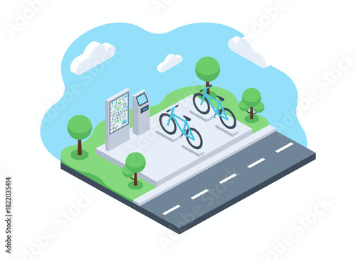 Two bicycles are parked at a city street docking station, with a payment terminal, a map stand, trees, and a road nearby, depicted in a colorful isometric illustration of a public bike‑sharing or