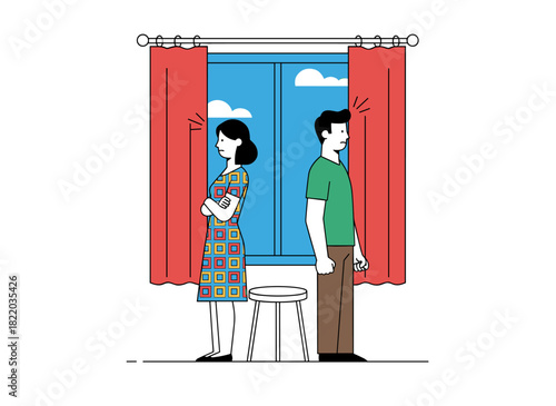 A flat vector cartoon shows an upset couple standing back‑to‑back with crossed arms, depicting a family breakup or conflict between an offended husband and wife facing relational difficulties
