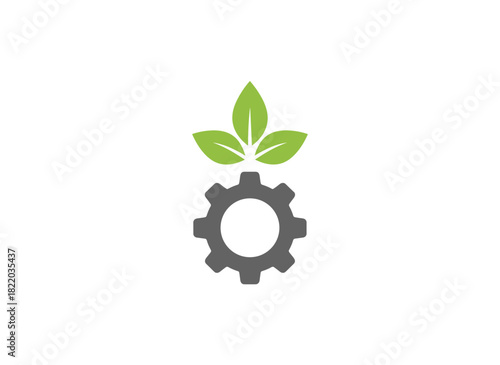 A gear wheel with a plant sprouting through it, isolated against a white background, serves as a symbol of eco‑friendly technology, featuring a modern design element rendered in linear vector