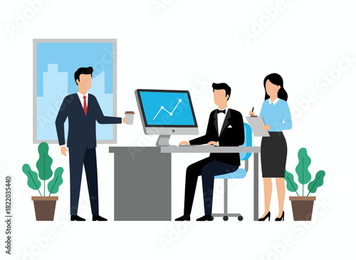 Office workers or coworkers gather together, working on computers and sipping coffee, depicted as cartoon characters against a white backdrop in a colorful, modern flat illustration style