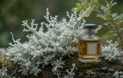 oakmoss ( mousse de chêne), Evernia prunastri with essence of oakmoss against forest background. conceptual digital art. Ai generated