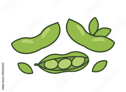 Soybeans displayed in pods and leaves, a green legume vegetable from Asia, serving as a vegan protein ingredient for a healthy vegetarian diet, offering natural nutrition, depicted in a flat vector