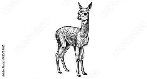 Detailed ink drawing of a young vicuna in a natural stance