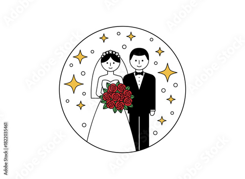 A smiling bride and groom are depicted with contour lines against a white background, portraying happy newlyweds standing together in a romantic wedding celebration, rendered as a monochrome vector