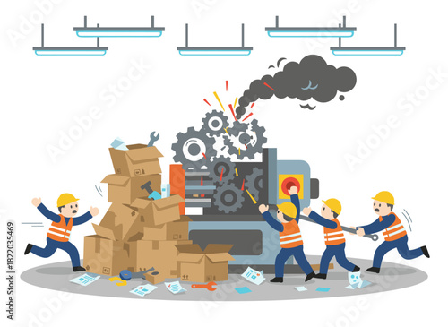 The manufacturing business suffers from a failed concept, accidents, production industry troubles, equipment failures, ineffective management, uncontrolled processes, and a flat vector illustration