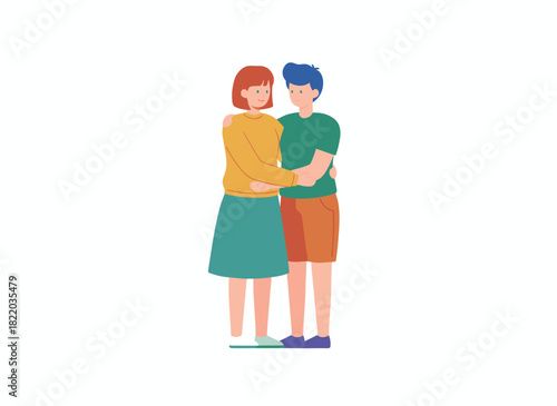 A young woman with a missing arm stands, hugging a female friend, while a teenage girl with a physical disability walks alongside her sister, depicted in a bright flat illustration