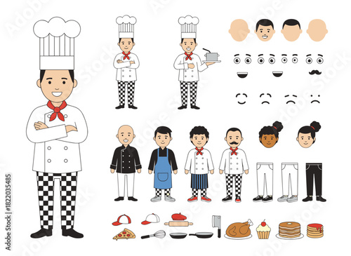 DIY kit for creating a male cartoon chef or kitchen worker, featuring a collection of body parts, facial expressions, postures, and clothing in front, side, and back views, rendered as a colored
