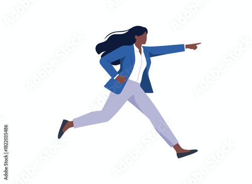 A business professional dashes forward, hurrying and stepping up; an ambitious female employee striving and achieving her goal; an enthusiastic businesswoman; the concept of aspiration; a flat vector