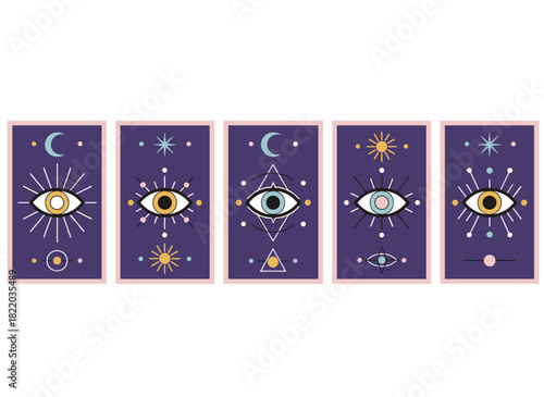 Tarot card designs featuring esoteric celestial symbols, mystic and spiritual outlined patterns and ornaments, with posters depicting the sun, moon, crescent, and eye in abstract geometric line art