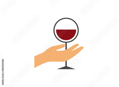 A hand lifts a wineglass filled with red wine, swirling and sniffing the drink while the arm is raised, depicted in a flat vector illustration against a white background