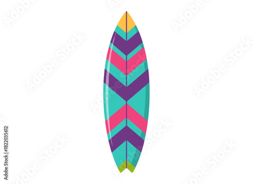 A hybrid surfboard blending shortboard and fishboard styles for water sports, featuring a beach fish‑inspired design ideal for summer extreme activities, presented as a flat vector illustration on a