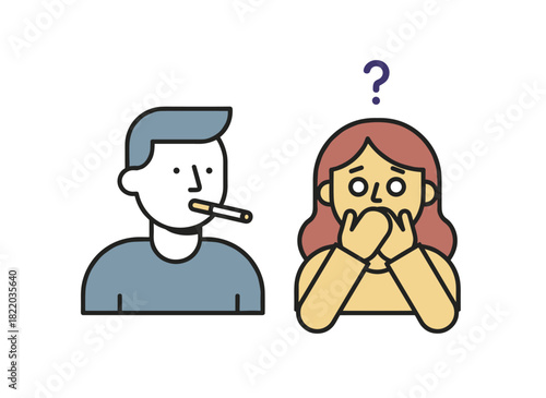 The woman, irritated by the foul cigarette and tobacco odor, despises the unbearable secondhand smoke, depicted in a flat vector illustration on a white background