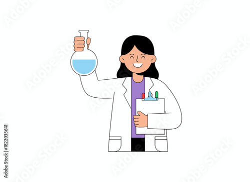 A medical professional holds a glass flask for laboratory research, while a female chemist examines chemical processes, illustrating the concept of medical science discoveries in a flat vector style