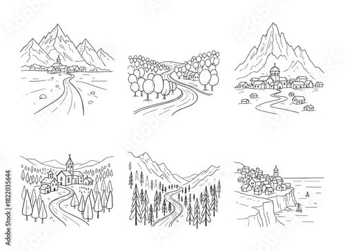 A set of hand‑drawn, black‑and‑white outline sketches depicting remarkable Georgian landscapes