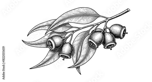 Intricate botanical drawing of eucalyptus branch with leaves and berries in vintage style