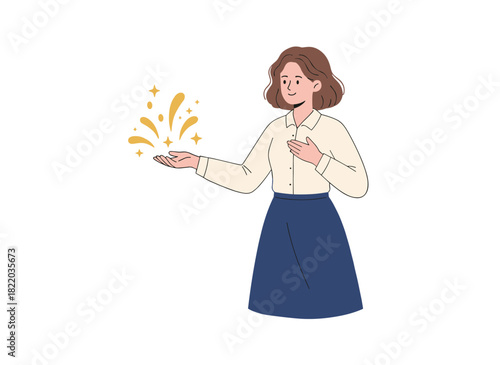 A cheerful, self-assured businesswoman showcases a brilliant idea and solution, while a friendly female consultant and employee offers creative insights, all depicted in a flat vector illustration