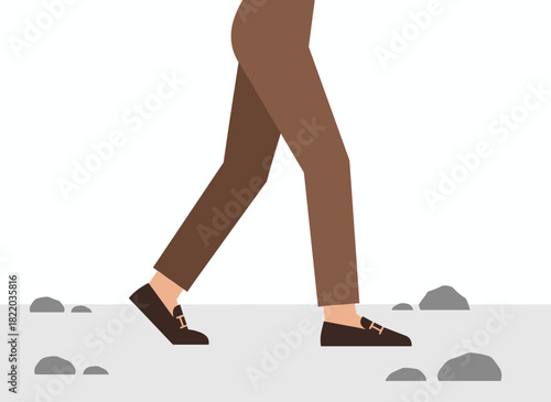 A woman wearing brown trendy leather loafers with a golden buckle, featuring stylish, comfortable, elegant flat-soled shoes on her legs, illustrated as a vector cartoon suitable for autumn or spring