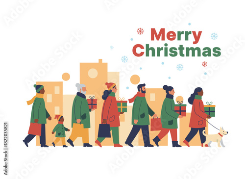 A horizontal banner featuring cheerful people walking while carrying wrapped gift boxes, with a Merry Christmas inscription; men and women are preparing presents for Xmas and New Year, depicted in a