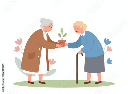 Senior women strolling together outdoors, cheerful retirees with canes and a potted plant, depicted in a flat vector illustration on a white background