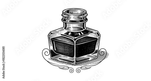 Vintage ink bottle with ornate base and stipple engraving style on white background