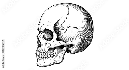 Vintage detailed human skull in engraved style on white background