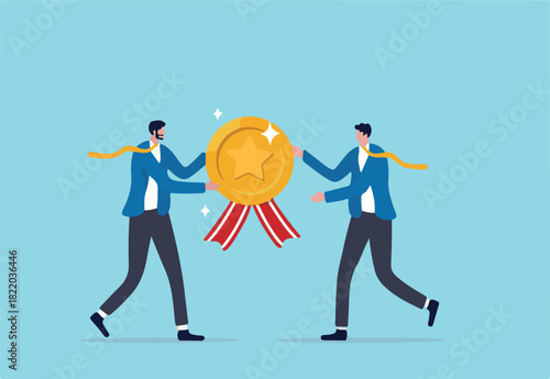 Employee award recognition, success achievement reward or top star performer of the month, best sales champion or certificate concept, businessman boss giving golden star badge to winning employee