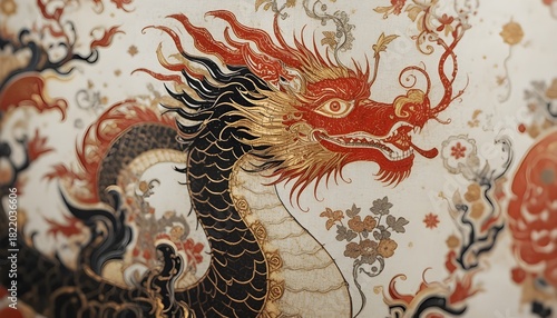  “Hand-painted Chinese cultural patterns on traditional garment fabric, featuring ancient dragon motifs, flowing ink art, vibrant red, black and gold tones, fine textile texture, high-resolution close