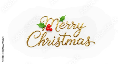 Elegant golden Merry Christmas lettering with vibrant holly berries on clean white background, perfect for festive holiday greetings and seasonal designs