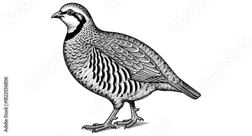 Detailed black and white engraving of a partridge on white background