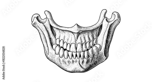 Detailed hand drawn mandible with teeth in vintage style