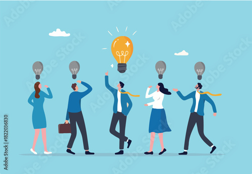 Solution expert solving problem or leader giving advise in meeting discussion, thinking for solution, creativity or professional to help, eureka moment concept, businessman with bright lightbulb.
